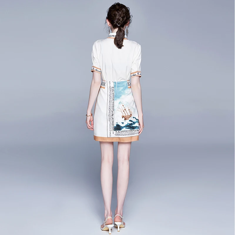 

2021 Summer Designer Runway Two Piece Outfit Women Short Sleeve Print Shirt and High Waist Skirt Suit Matching Sets