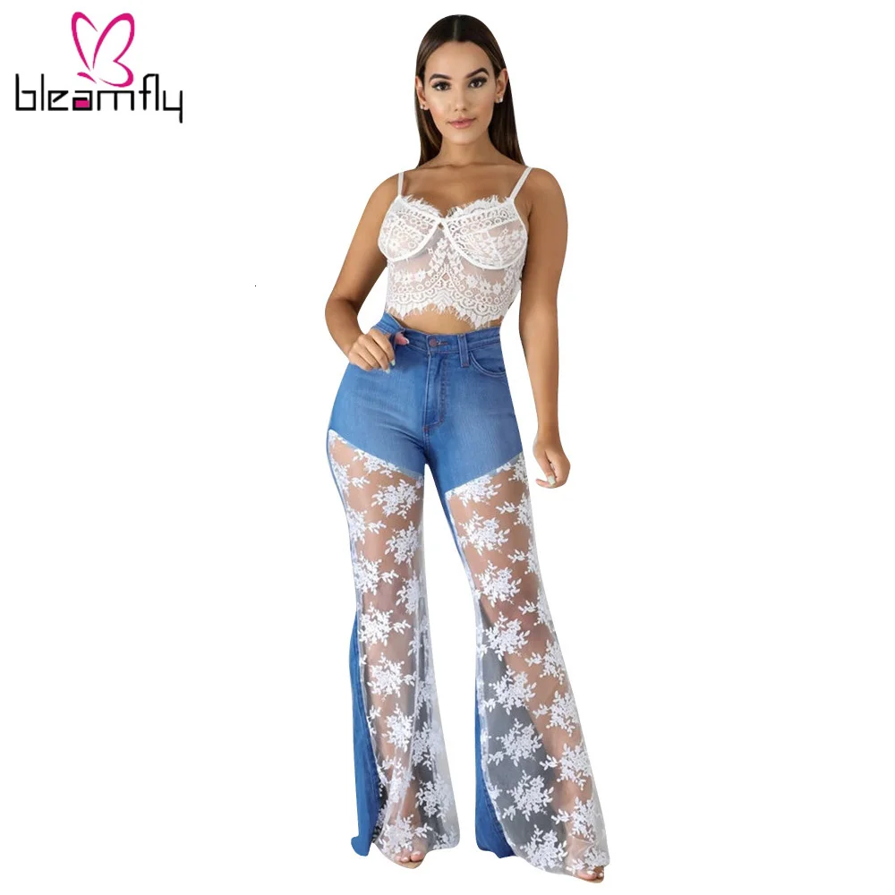 Женские осенне зимние повседневные джинсы с высокой талией на молнии кружевами в