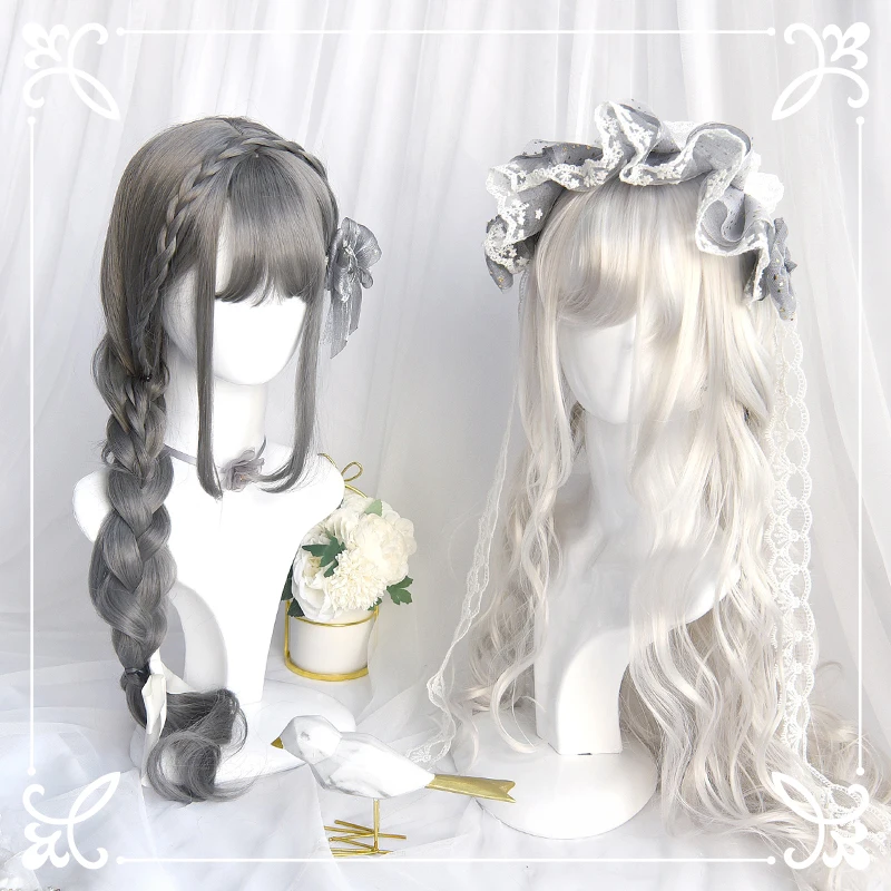 

Pure White Lolita Wig Natural Micro Curl Air Bangs Grandma Gray Long Curly Hair 2Styles2022