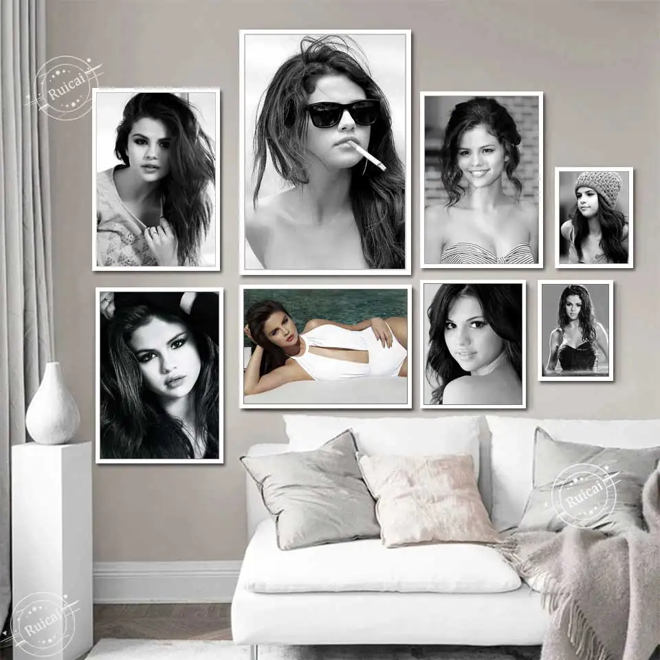 Плакат Селены Гомез музыкальная певица Черно-Белая настенная Картина на холсте
