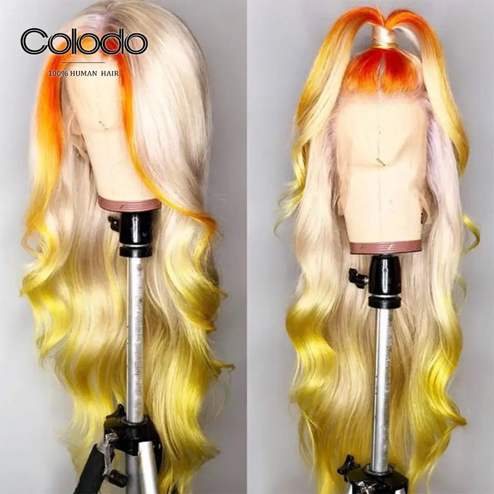 COLODO Ombre оранжевые кружевные передние человеческие волосы парики preprucked Remy