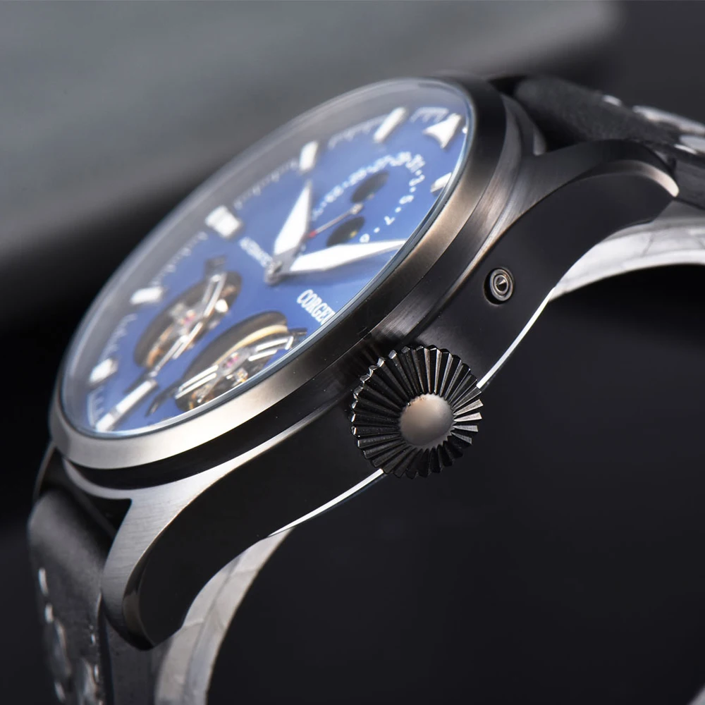 Corgeut 46MM Mens Hollow Tourbillon blue dial sapphire leather steel black case Automatic moon phase calendar mechanical watch | Наручные