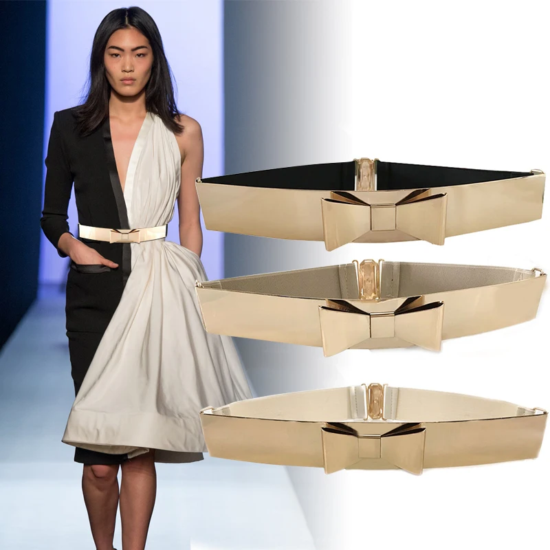 

Ремень с бантом Женский, тонкий дизайнерский эластичный пояс золотистого цвета с широкими ремнями, 2021
