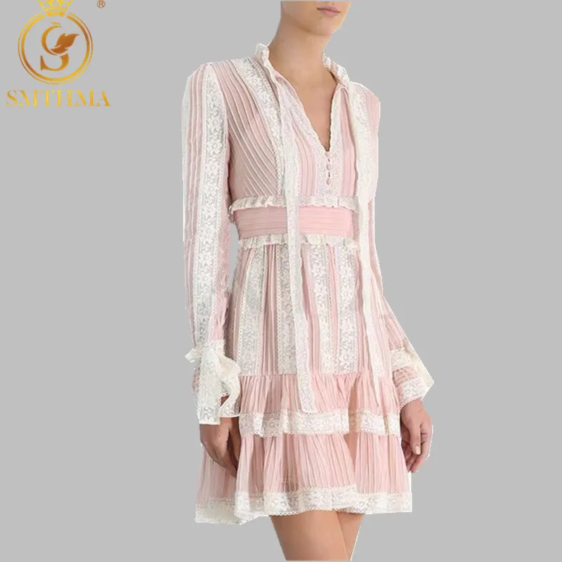 Smthma осенне-зимнее модное Розовое Кружевное лоскутное платье для женщин с v-образным вырезом и расклешенными рукавами с высокой талией, подиумные платья