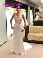 v neck lace wedding dress for bride mermaid backless long white sleeveless bridal formal gownelegant vestido de noiva 2020 vs29