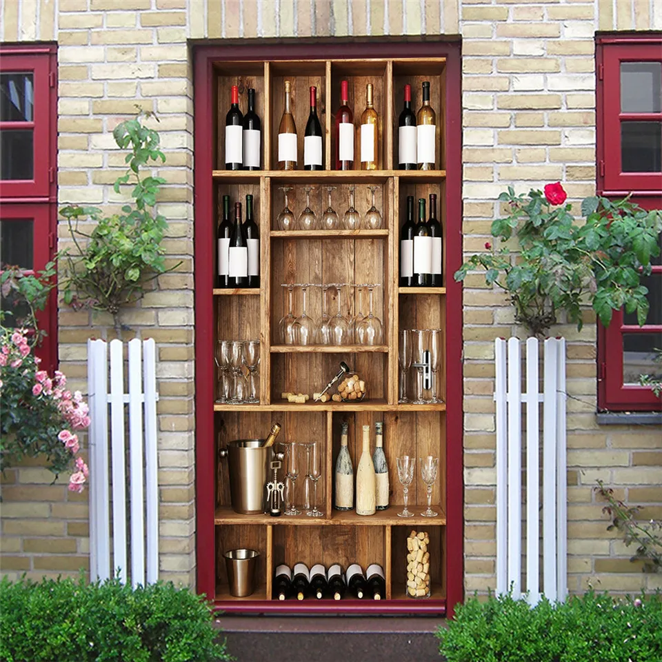 Papel tapiz para puerta de estanter&iacute;a de vino con patr&oacute;n 3D, murales para sala de estar, cocina, Pegatina autoadhesiva para puerta, calcoman&iacute;a de papel tapiz extra&iacute;ble, dise&ntilde;o del hogar-0