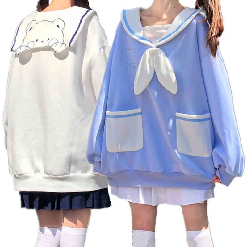 

Japanese Preppy Style Student Women Casual Sweatshirt Bowknot Tie Sailor Collar Bear Embroidery Kawaii Hoodies Bestie Clothes