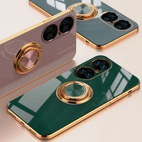 luxury silicone phone case for huawei p50 pro p40 pro p30 pro p20 pro mate 20pro 30 40 pro plating metal ring holder stand cover