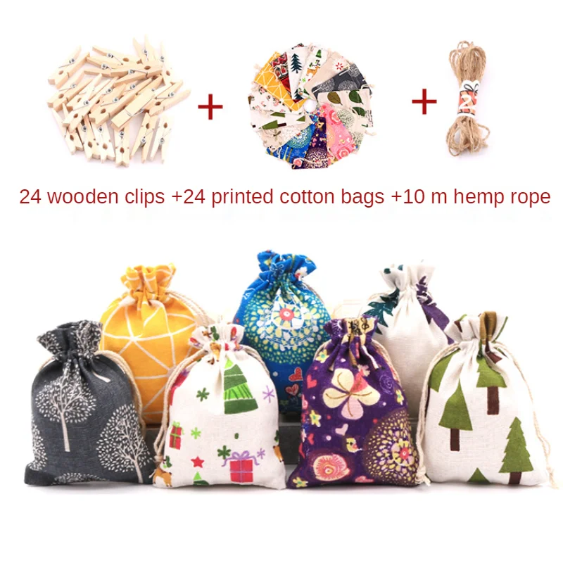 

24 шт./компл. с принтом Рождественский календарь с обратным отсчетом Льняная сумка конфеты подарок сумка на шнурке