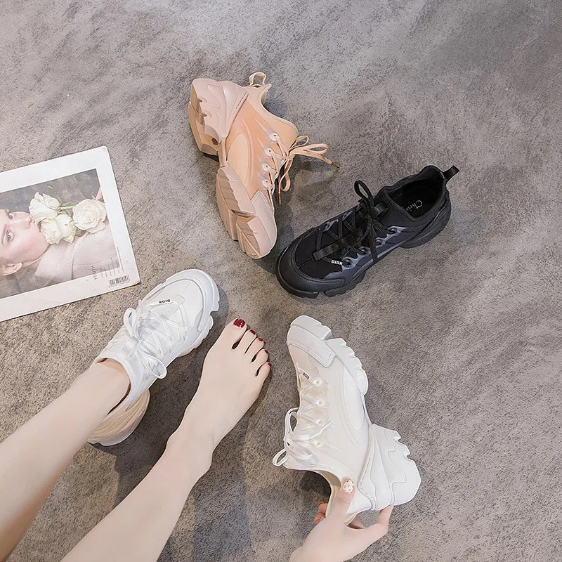 Spring and autumn thick bottom increased sports shoes female new super fire net red star models wild casual sports old shoe