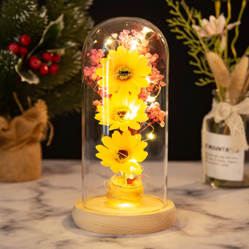 

Sunflower Glass Cover Decoration Creative Sunflower Simulation Flower LED Lamp Handicraft Desktop Decoration Birthday Gift