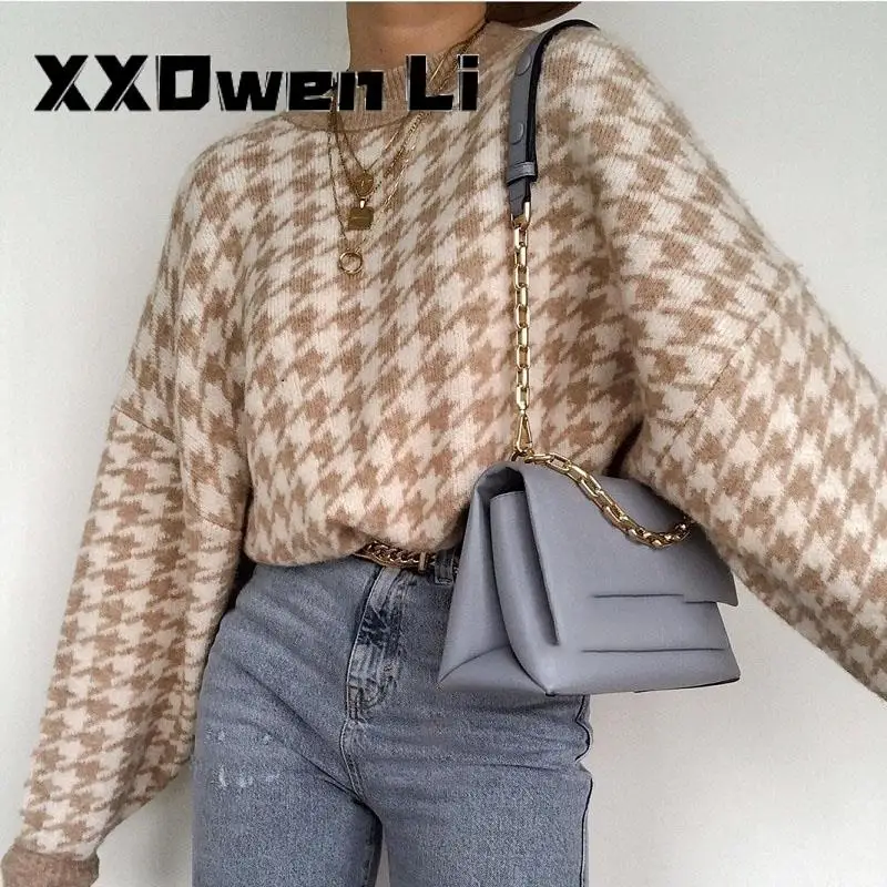 

Women Geometric Khaki Knitted Sweater Women Casual Houndstooth Lady Pullover Sweater Female Autumn Winter Retro Jumper