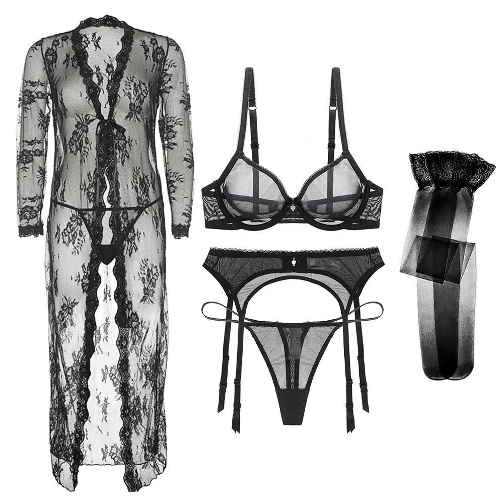 

Varsmiss Women Underwear Sexy Lingerie Set 5 pcs Robe+Bra+Garter+Thong+Stockings Underwear Black/White Lace See Through Bra Set