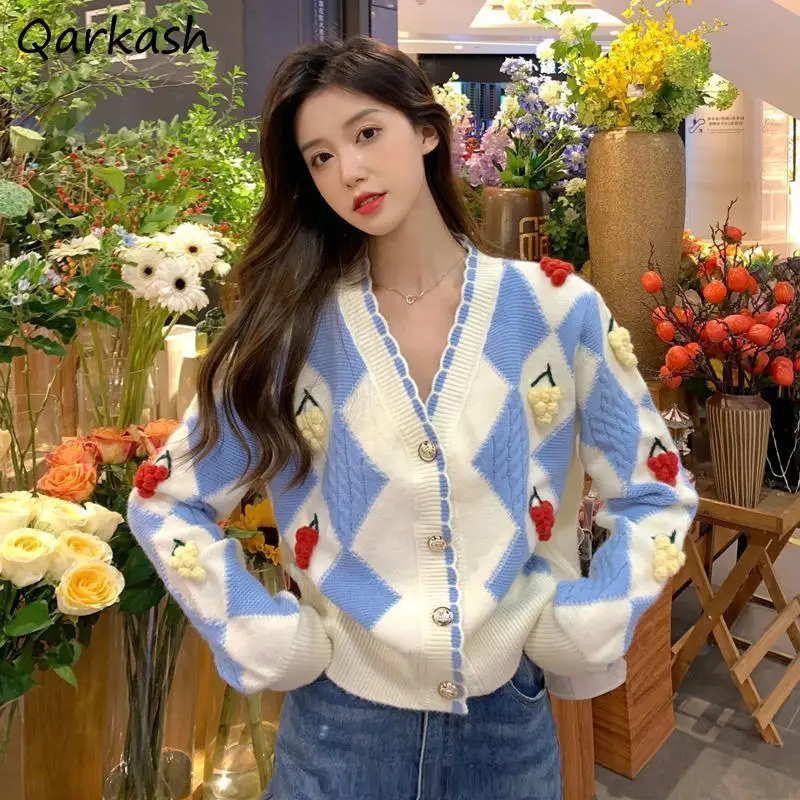 

Cardigan Women Sweater Simple Sweet Chic Appliques Design Cute Cropped Outerwear Warm Cozy V-Neck Fall Argyle All-match Ulzzang