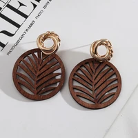 cutout round wood leaf drop earrings for women twist metal baroque circle pierced earrings original jewelry 2022 free shipping