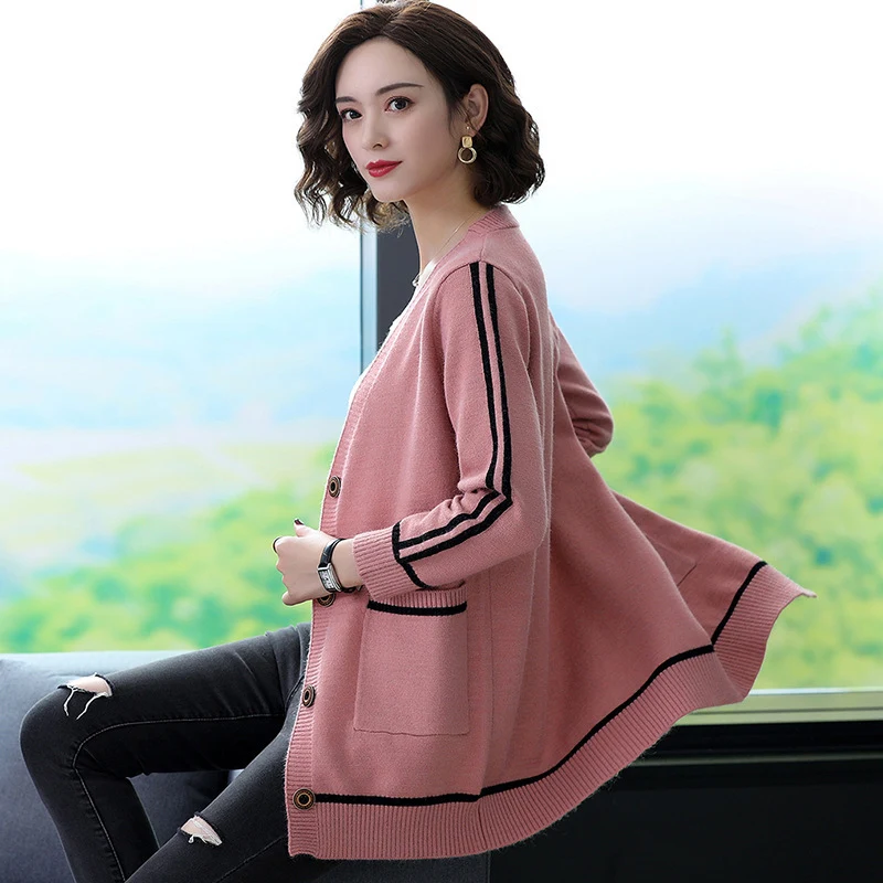 Женский Длинный свитер TIGENA вязаный кардиган в полоску с карманами и пуговицами