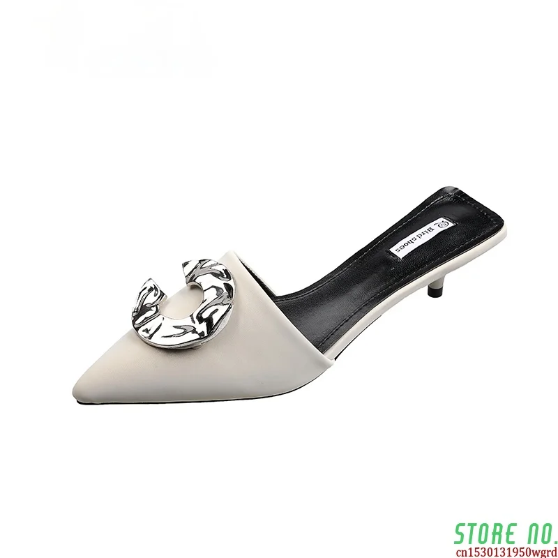 

Spring Slippers Thin High Heel Pointed Toe Women Letter Metal Design PU Fashion Mature Female Shoes