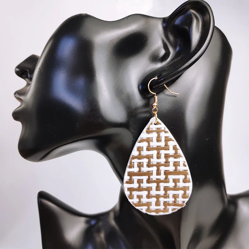 Cpop Vintage Printing Water Drop Earrings Personality PU Leather Fashion Party Jewelry Women Accessories Gift Wholesale | Украшения и