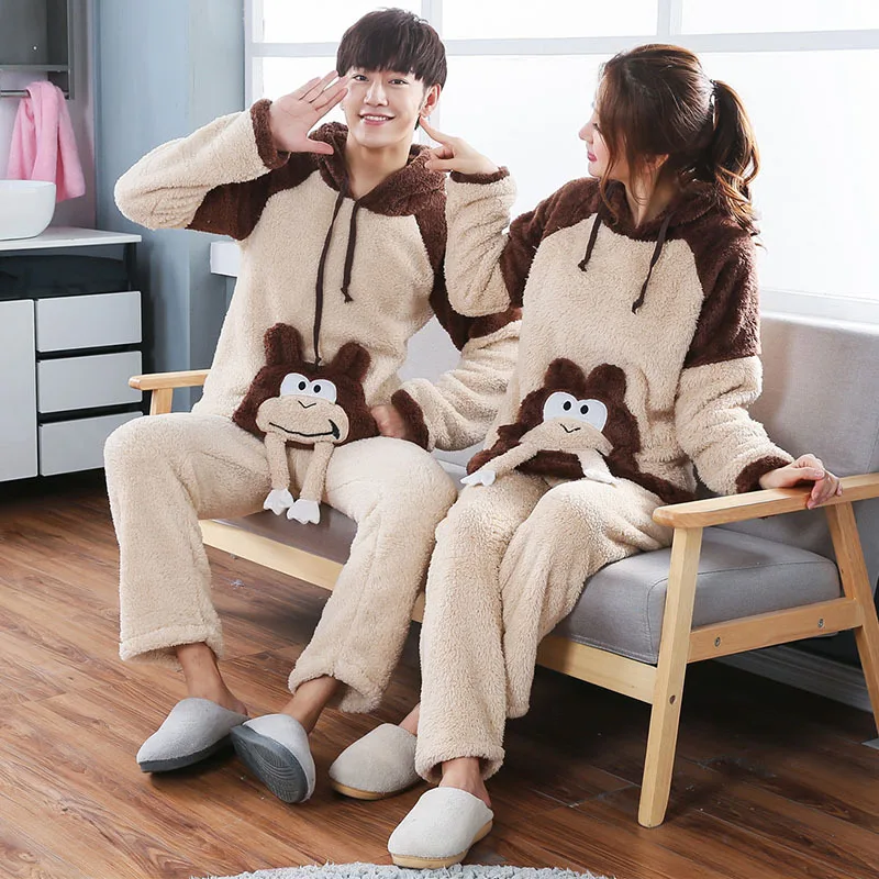 monkey Унисекс, Пижама для взрослых и пар, Мужская зимняя бархатная одежда для сна, комплект из 2 предметов, теплая Фланелевая пижама с рисунком животных, милая домашняя одежда - Цвет: monkey