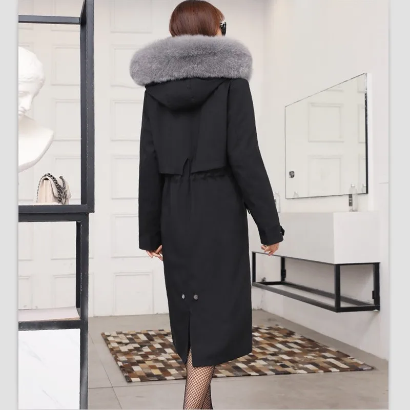 Парка женская со съемным натуральным лисьим мехом пальто с воротником из