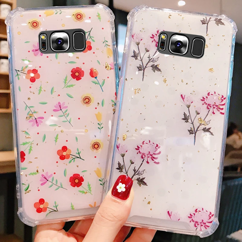 Для samsung S8 чехол противоударный блестящий золотой фольги маленькие цветы для Galaxy