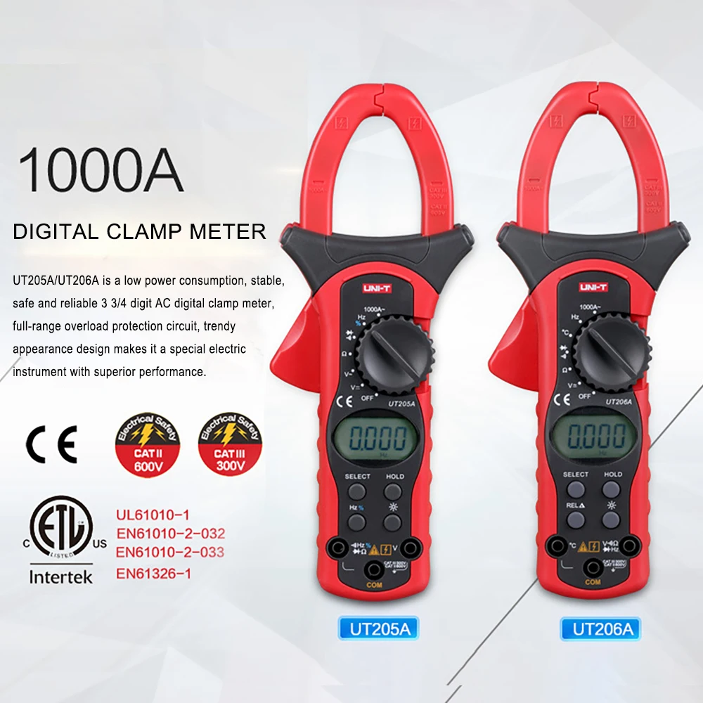 UT205A UT206A Digital Clamp Meter AC/DC Current Voltage Auto Range VFC Capacitance Non Contact Multimeter | Инструменты