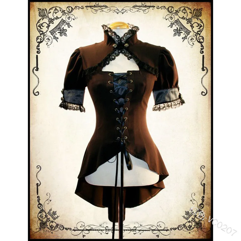 Женская кружевная блузка в стиле стимпанк винтажная облегающая с коротким