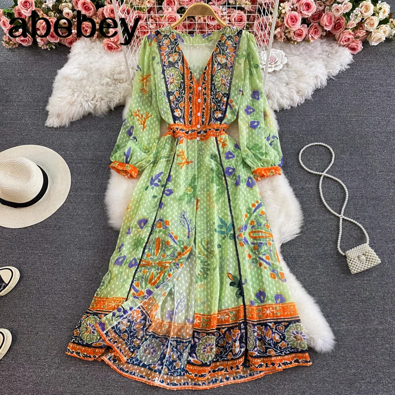 

Retro Embroidery Flower Dress Women V Neck Puff Sleeve Casual A-line Dress Spring Casual Boho Vacation Long Dress