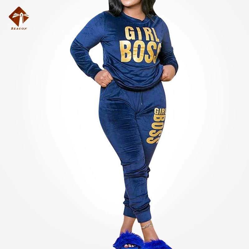 

Velvet Letter Clothes Women's Plus Size Printing Casual O-neck Full Sleeve Tops Full Pant Two-piece Suit Tracksuit 2021 Outfits