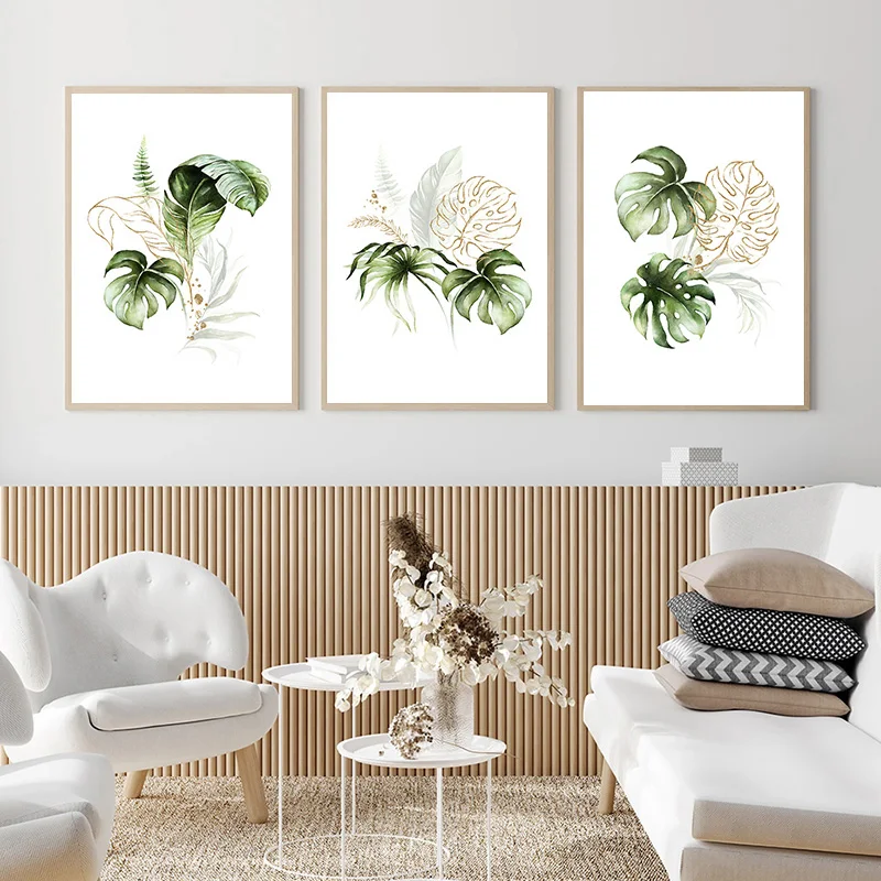 

Tropical Botanical Green Leaves Gold Floral Wall Art Canvas Paintings Pictures Poster And Print For Living Room Home Decoration