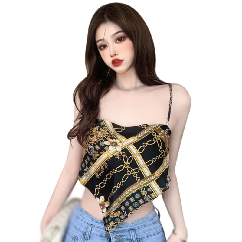 

Women's Retro Print Irregular Backless Vest Ladies Sexy Exposed Navel Summer Camisole Crop Top