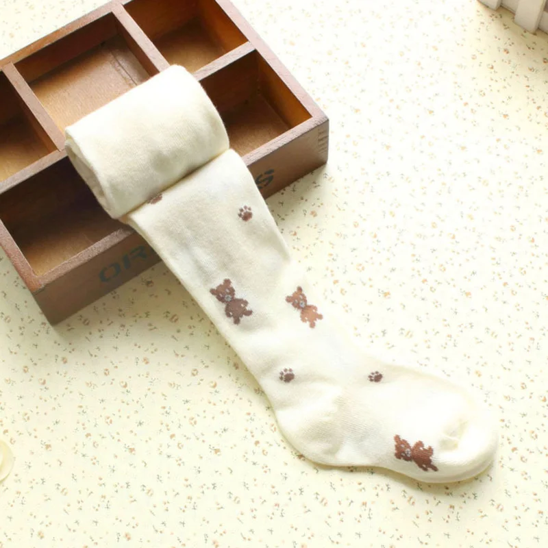 Bear White Колготки для девочек, чулки для малышей, детские вязаные колготки с цветочным рисунком для девочек, эластичные хлопковые детские От 2 до 9 лет с изображением медведя - Цвет: Bear White