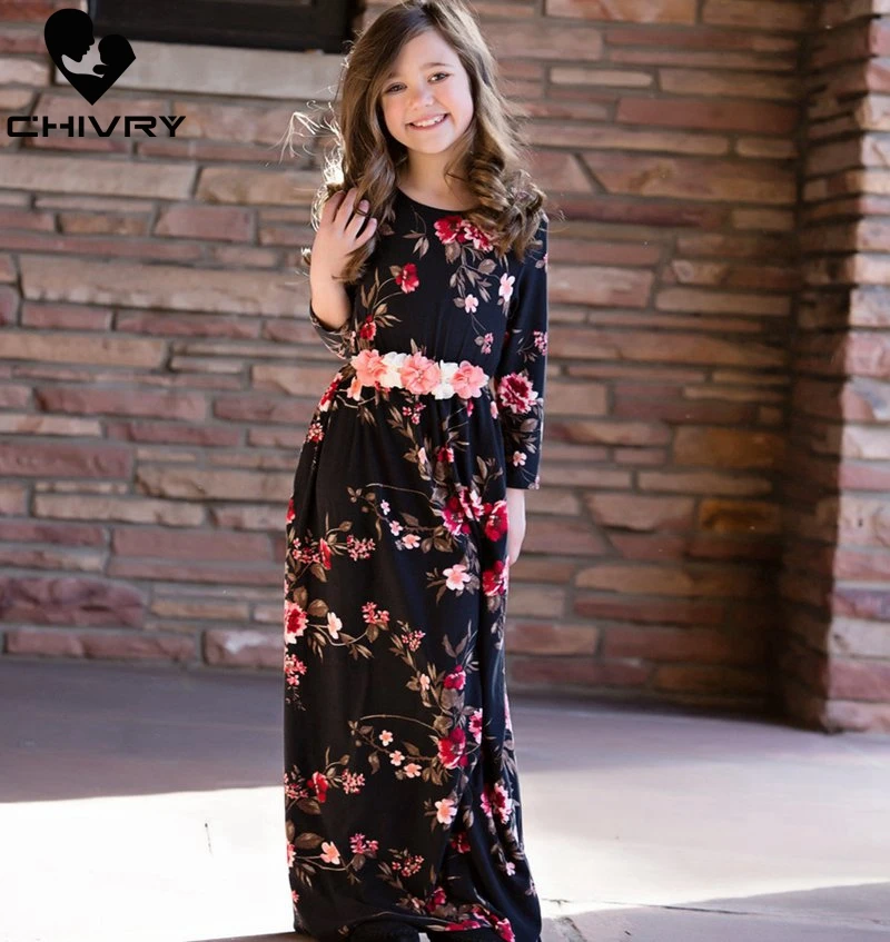 Новые платья для мамы и дочки длинное платье без рукавов с цветочным рисунком