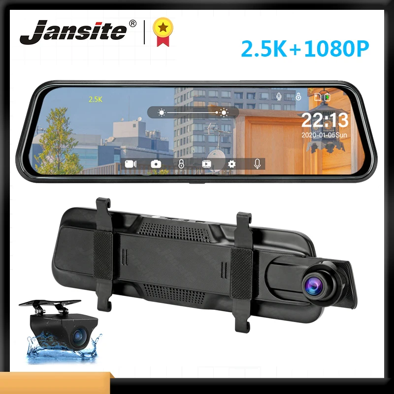 

Jansite 10" Car DVR Stream Touch Screen 2.5K 1440P HD Dual lens Dash cam Super night vision Rear view Mirror 1080P Backup camera