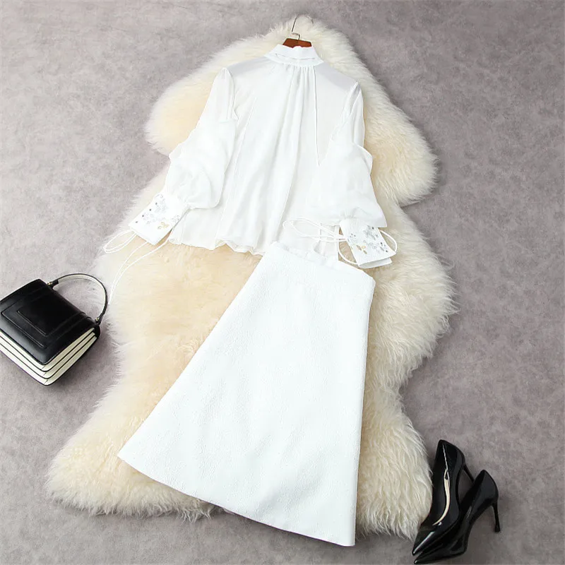 

Elegant Lady Spring Two Piece Outfits Women 2021 Runway Designers Bow Collar Chiffon Shirt and Floral Embroidery Skirt Suit Sets