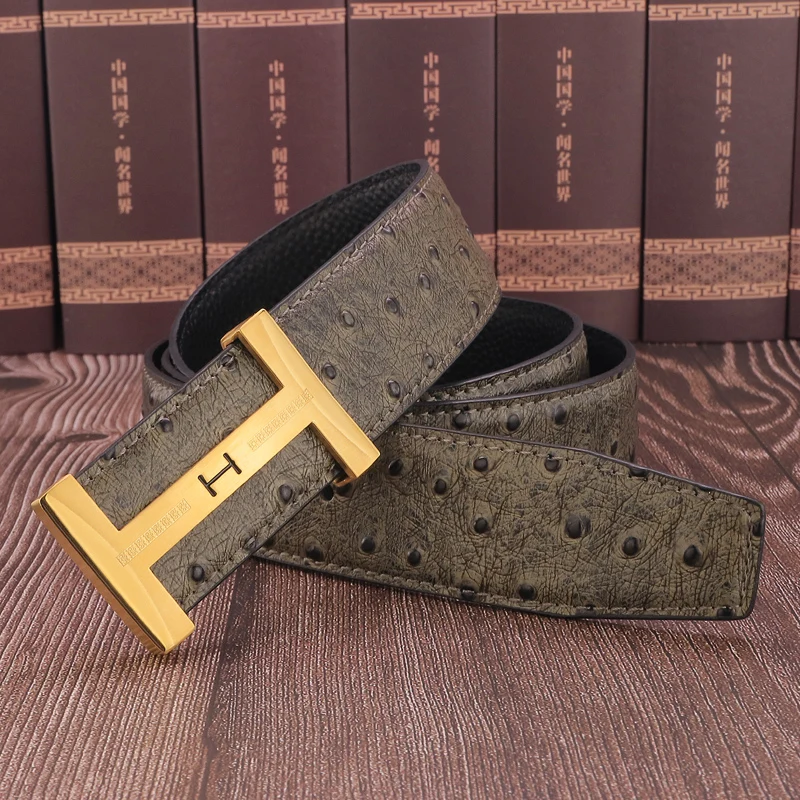 

Luxury Brand H Men Belt 3.8cm Wide Genuine Leather Ostrich Pattern Stainless Steel Buckle Ceinture Homme Women Waistband 3.2cm