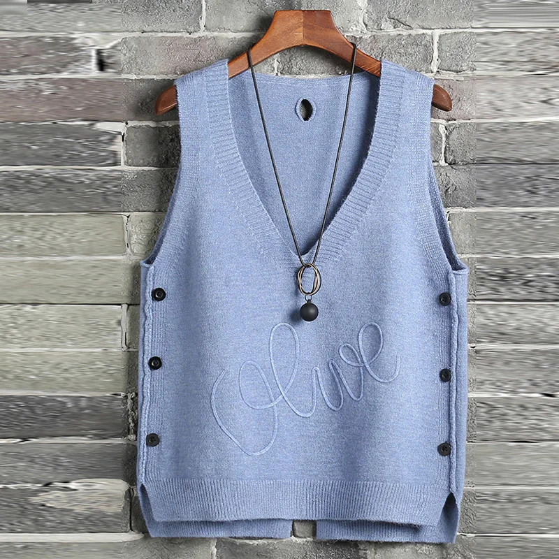 Женский весенний вязаный жилет с боковыми пуговицами повседневный без рукавов