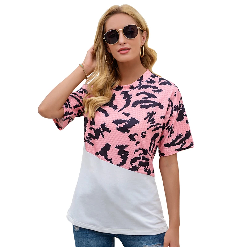 

Summer Contrasting Color Patchwork Printing O Neck Short Sleeve Women T Shirt Casual Ladies Streetwear Female Tops