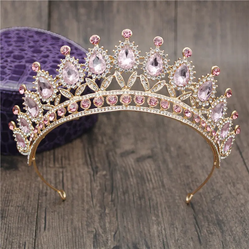Gold Full Pink Великолепные розовые ободки с кристаллами, королевские диадемы и короны, свадебные ободки для волос, вечерние украшения для волос на выпускной - Окраска металла: Gold Full Pink