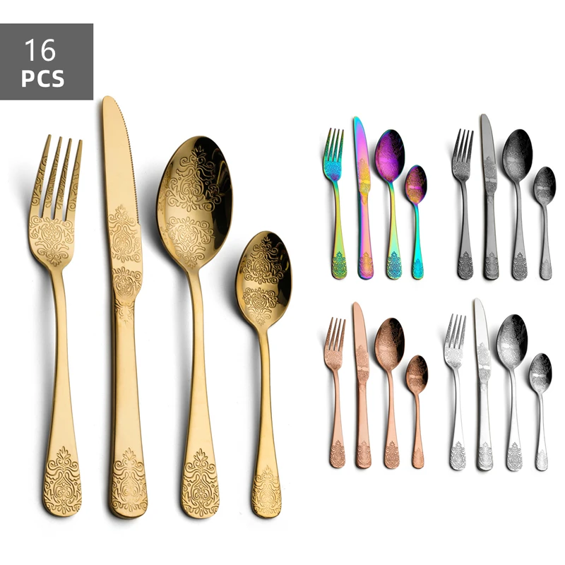 

16pcs High Quality Carved Cutlery Set Stainless Steel Dinnerware Set Tableware Set Knife Fork Spoon Flatware Set Dishwasher Safe