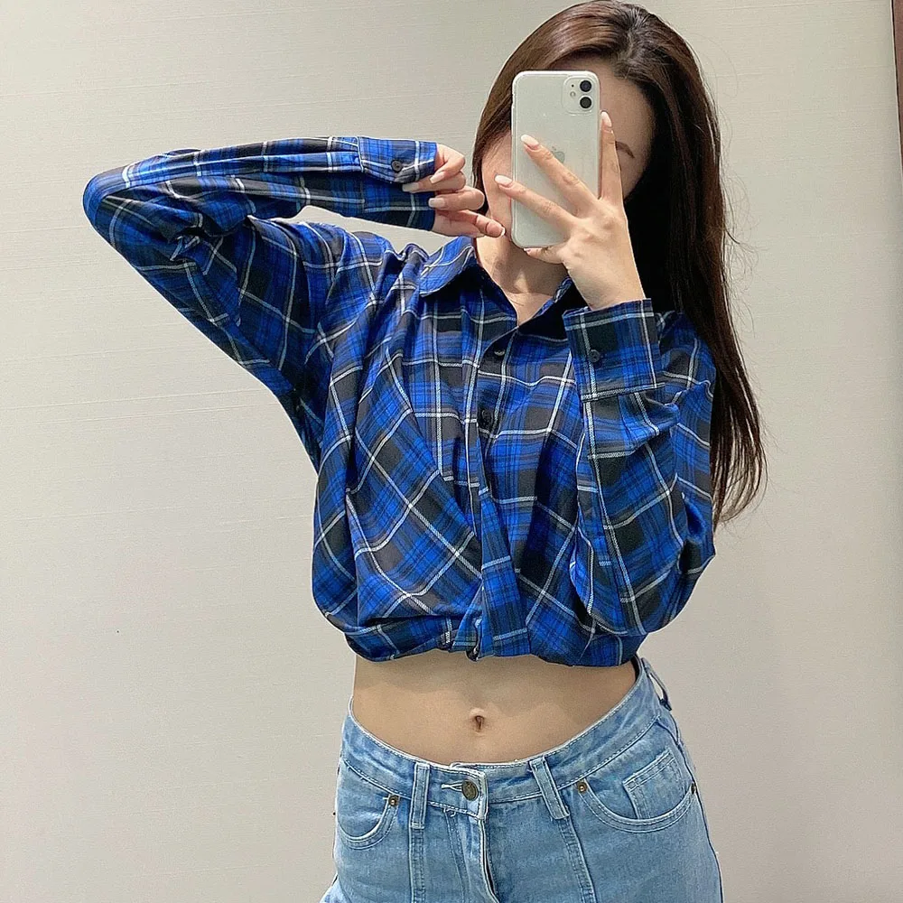 

DiYiG WOMANSpring women's clothing new college style lapel long sleeve plaid all-match short shirt top