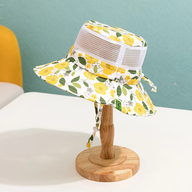 

2021 Summer Fashion Children Bucket Hat Breathable Mesh Cap Outdoor Casual Baby Caps Floral Embroidery Kid Beach Sun Hats