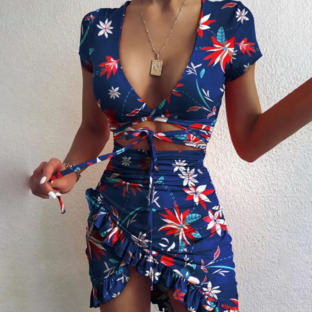 

Floral Print Women Summer Ruffles Cut Out Design Dress Elegant Fashion V-Neck Leopard Print Sexy Party Mini Dress Lady Outwear
