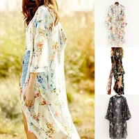 women vintage floral print chiffon shirts small fresh simple long sunscreen blouse loose shawl kimono cardigan boho tops