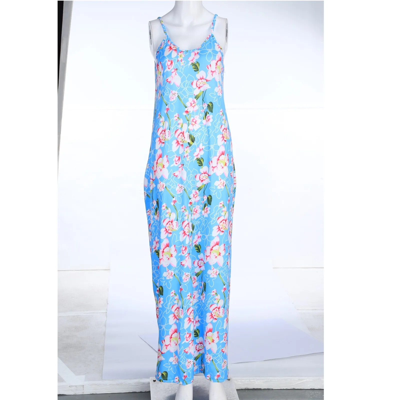 

Long Dresses Fashion Women's Loose Casual Summer Print Pocket Sling Sleeveless Dress Plus Size V-neck Vestidos Femininos #G