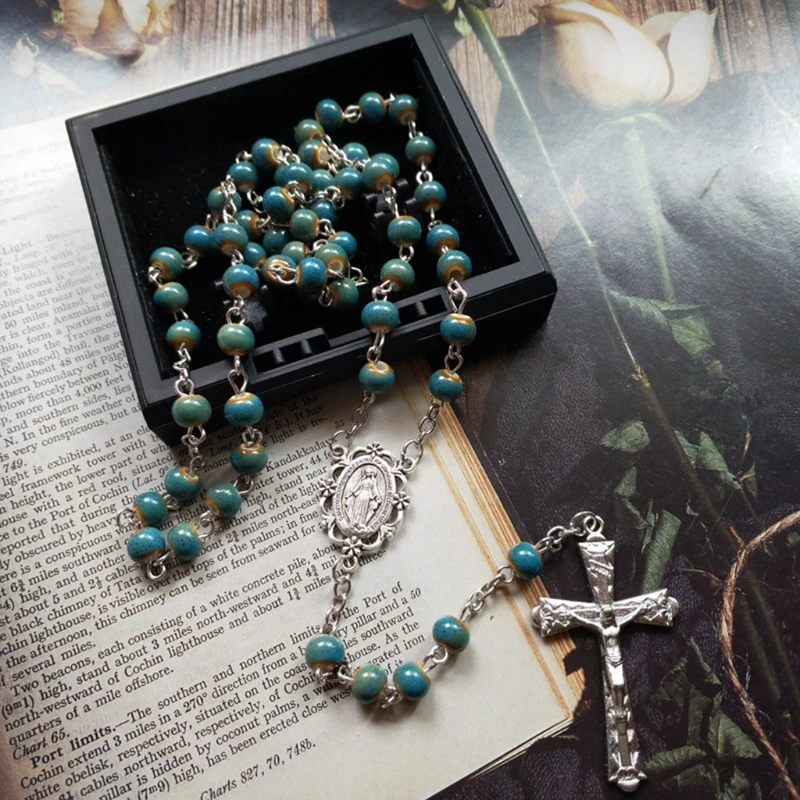

Rosary Necklace Catholic Green Ceramic Rosary Beads Catholic Long Cross Chain