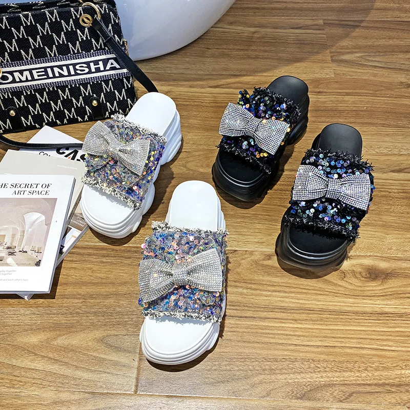 

Тапки женские на платформе, летняя одежда, модные тапочки с бантом и блестками, Новинка лета 2021