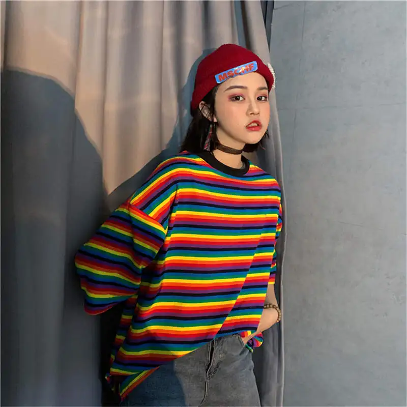 

2021 Summer New Women T-Shirts Rainbow Striped Tee Shirts O-neck Harajuku Loose T Shirt Woman Clothes Short Sleeve Tshirts