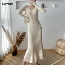 Karrram sólido vestido de malha 2021 outono inverno com decote em v magro vestido de manga comprida elegante senhoras preto midi length camisola vestidos (2)