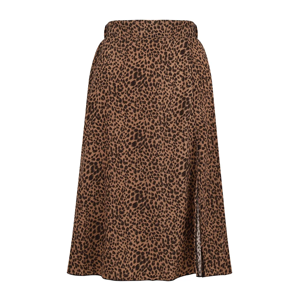 2019 Женская юбка с высоким разрезом Летняя Повседневная Коричневая леопардовая